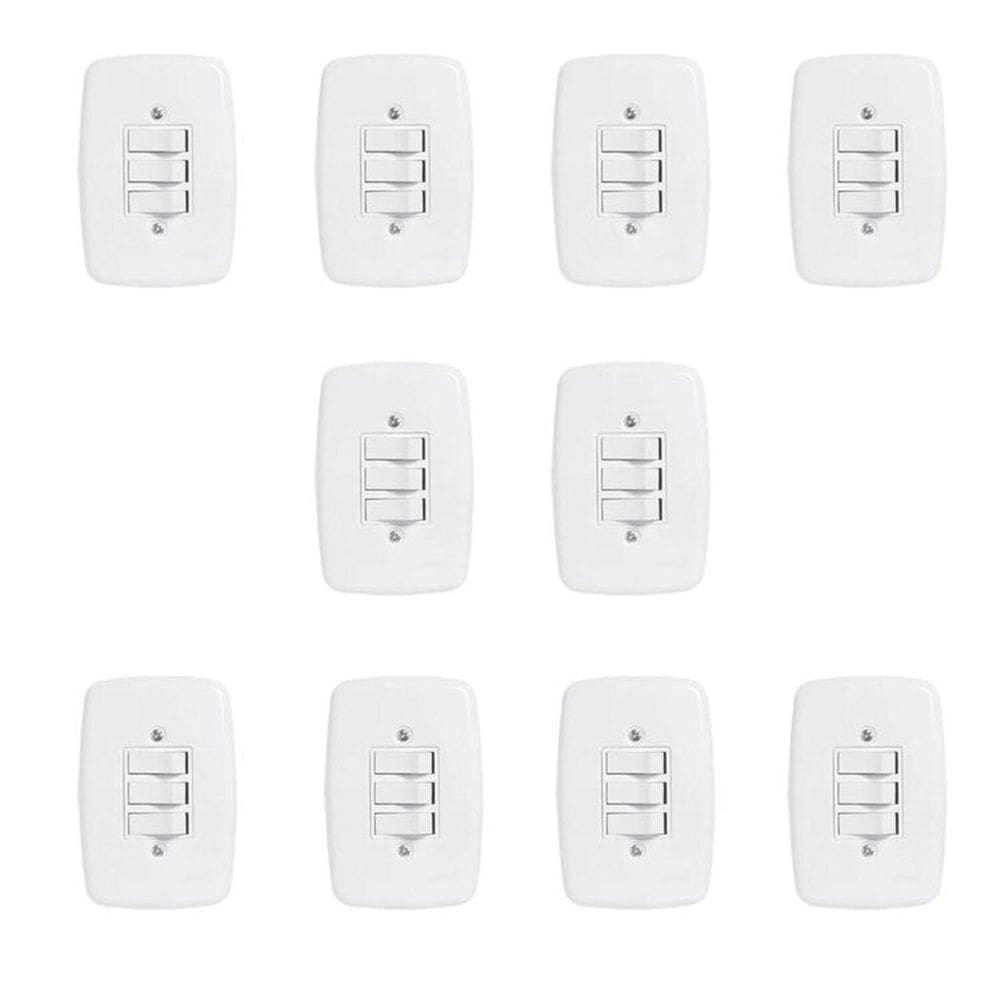 Conjunto de 10 Interruptores de 3 Teclas Simples com Placa 4x2 Branco