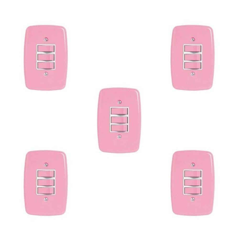 Conjunto de 5 Interruptores de 3 Teclas Simples com Placa 4x2 Rosa