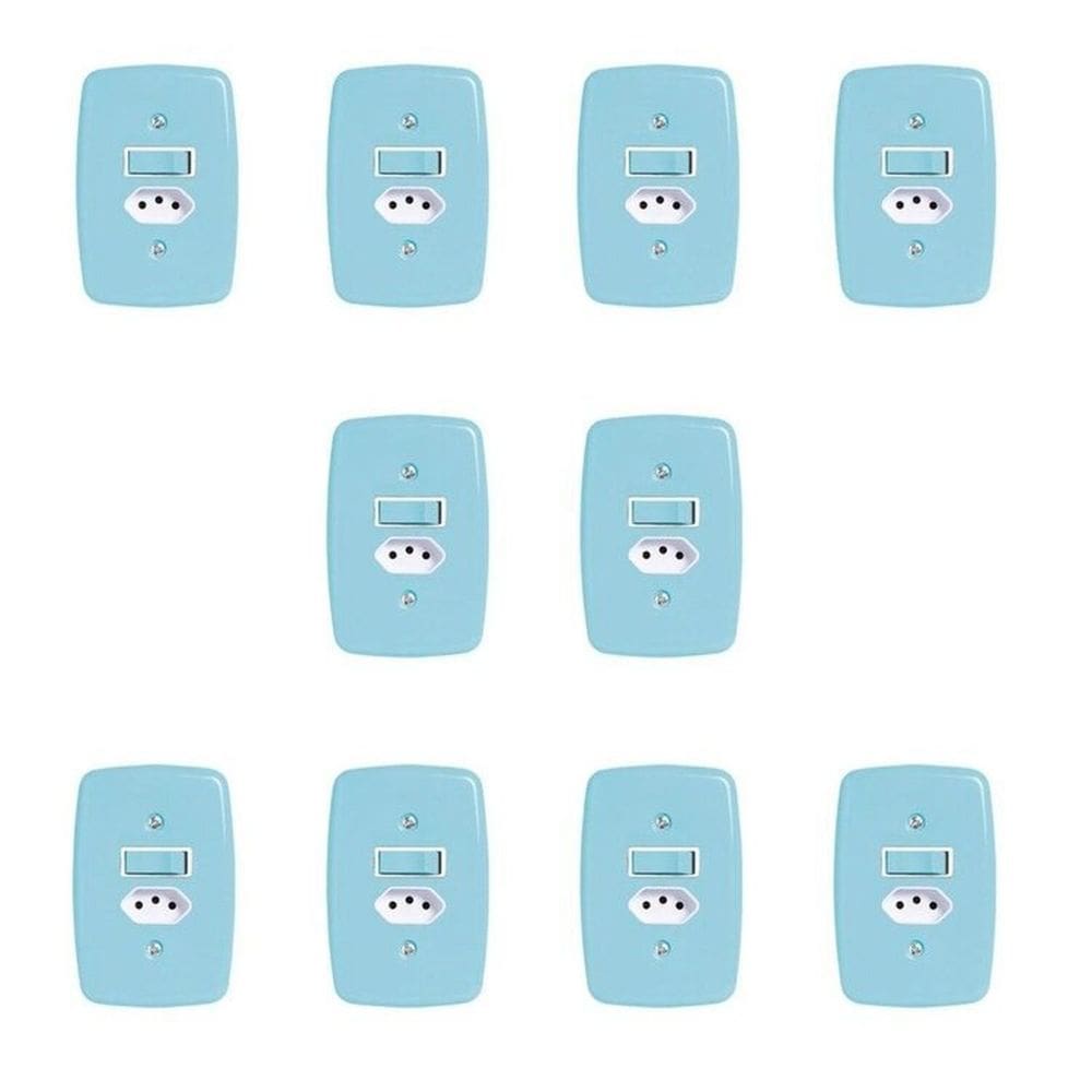Conjunto de 10 Interruptores de 1 Tecla Simples e Tomada 2p+t 20A , com Placa 4x2 Azul