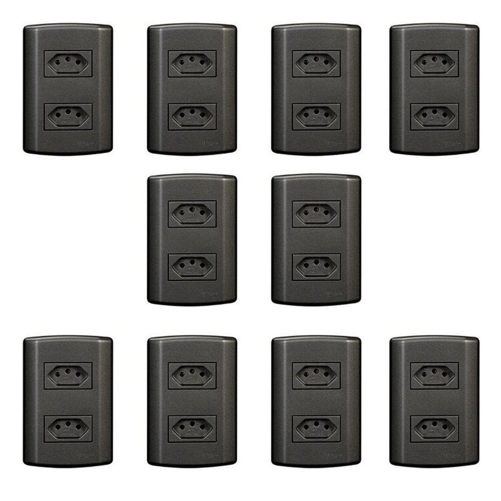 Dez Conjuntos com 2 Tomadas 2p+t 20A 250v, Modular, com Placa 4x2 e Suporte Grafite
