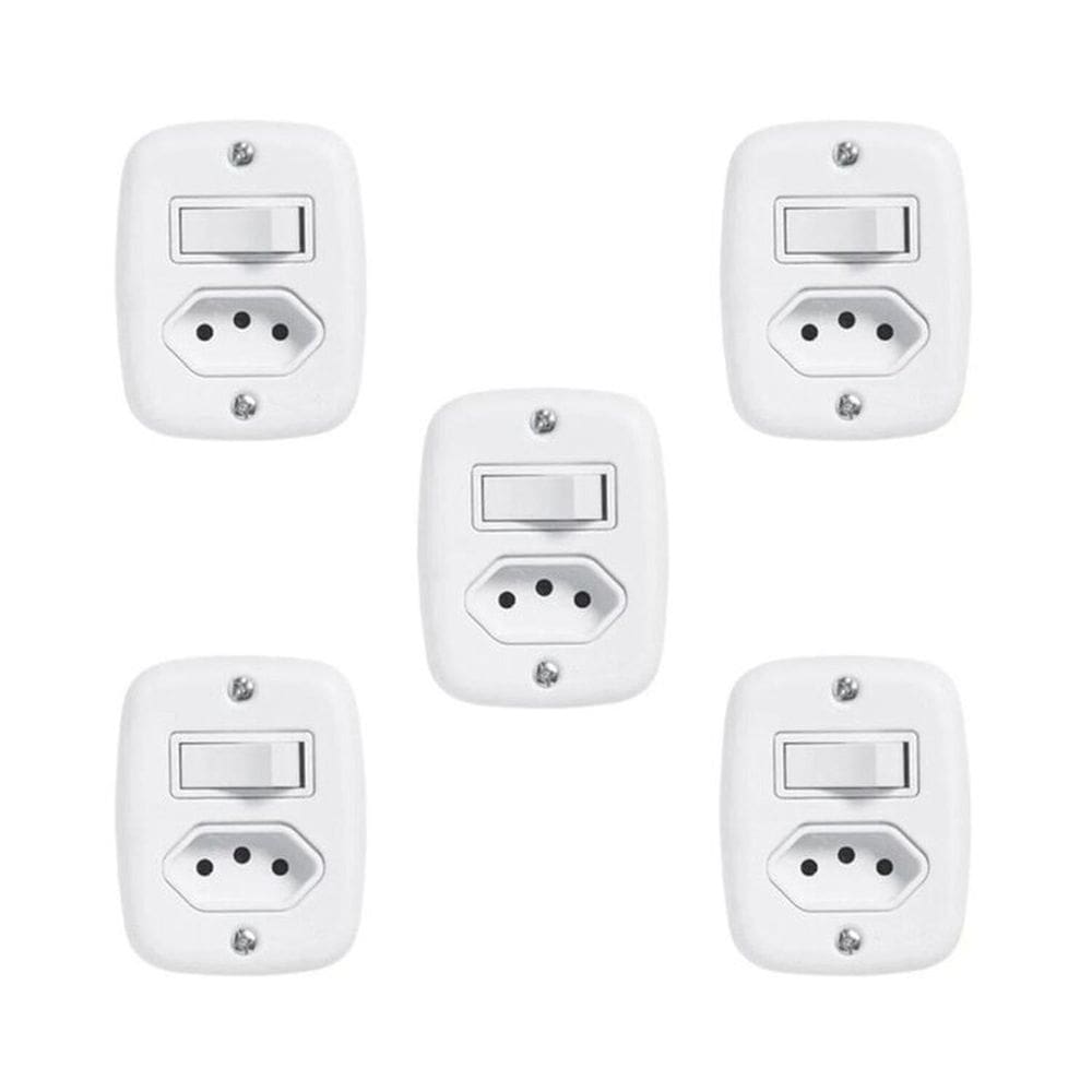 Conjunto de 5 Interruptores de 1 Tecla Simples e Tomada 2p+t 20A , com Placa de Sobrepor Branco