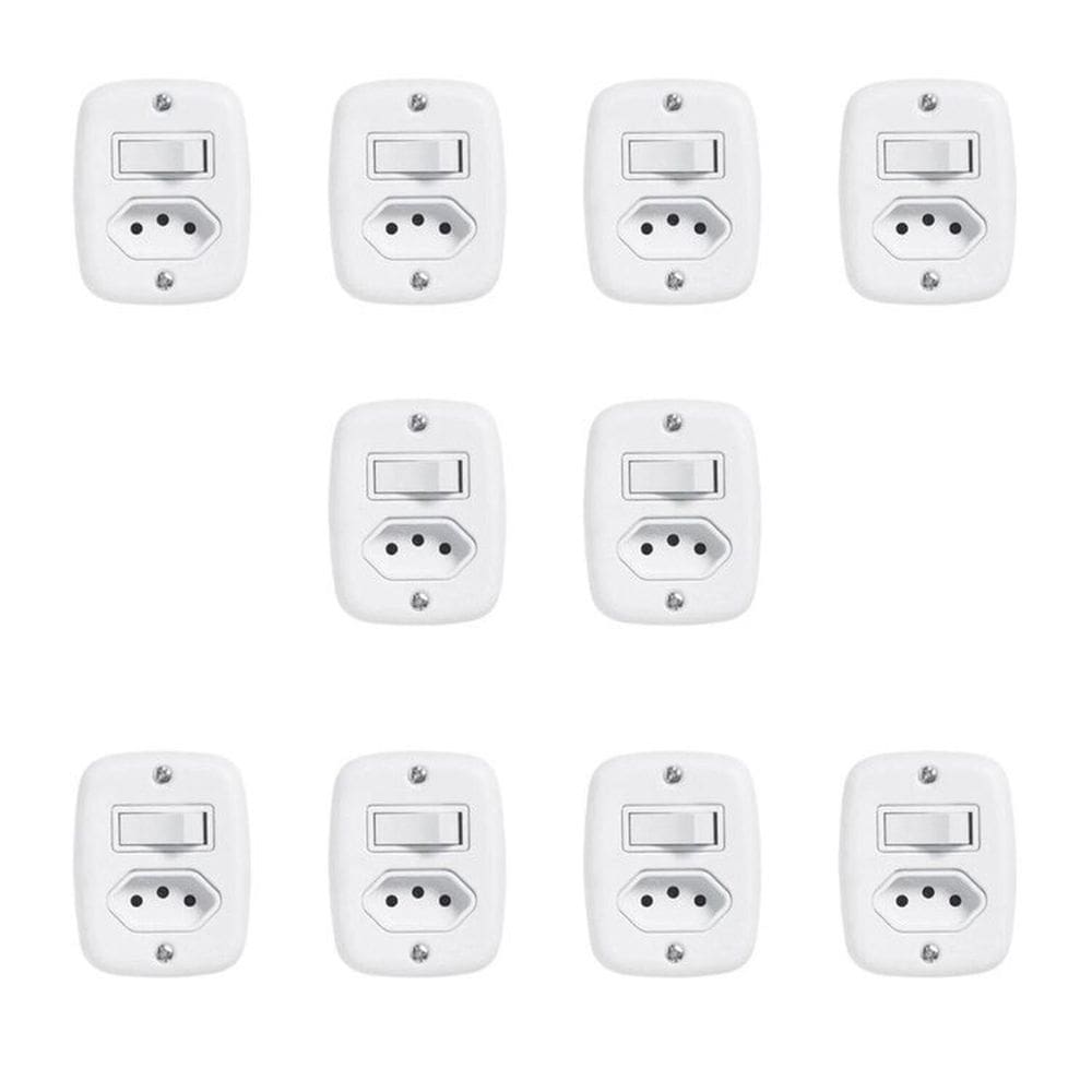 Conjunto de 10 Interruptores de 1 Tecla Simples e Tomada 2p+t 20A , com Placa de Sobrepor Branco