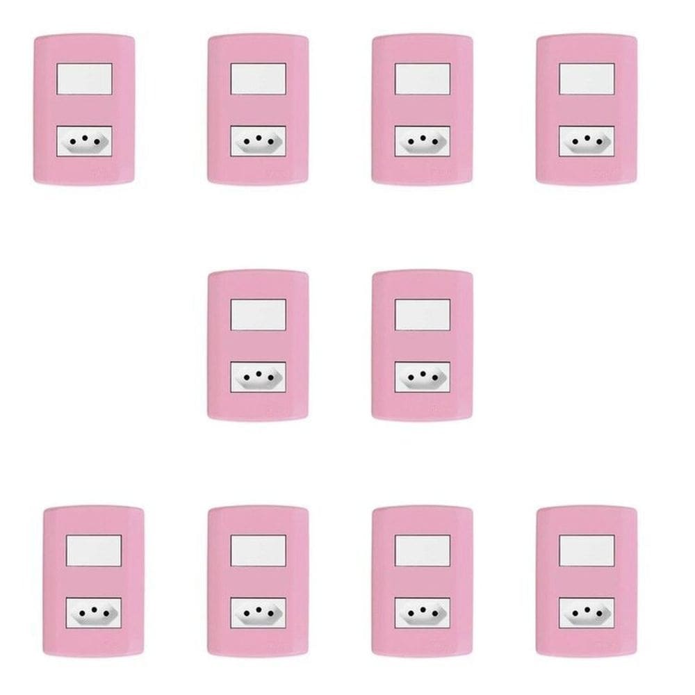 Conjunto de 10 Interruptores de 1 Tecla Simples e Tomada 2p+t 20A , Modular, com Placa 4x2 e Suporte Rosa e Branco