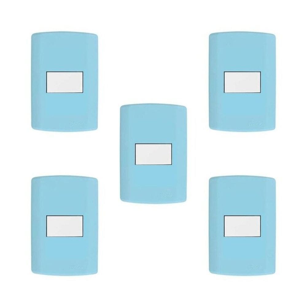 Conjunto de 5 Interruptores de 1 Tecla Simples, Modular, com Placa 4x2 e Suporte Azul e Branco