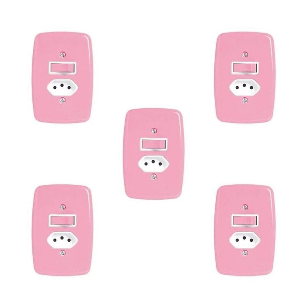 Conjunto de 5 Interruptores de 1 Tecla Simples e Tomada 2p+t 20A , com Placa 4x2 Rosa