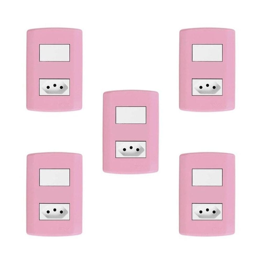 Conjunto de 5 Interruptores de 1 Tecla Simples e Tomada 2p+t 20A , Modular, com Placa 4x2 e Suporte Rosa e Branco