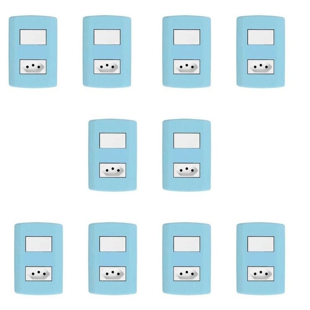 Conjunto de 10 Interruptores de 1 Tecla Simples e Tomada 2p+t 20A , Modular, com Placa 4x2 e Suporte Azul e Branco