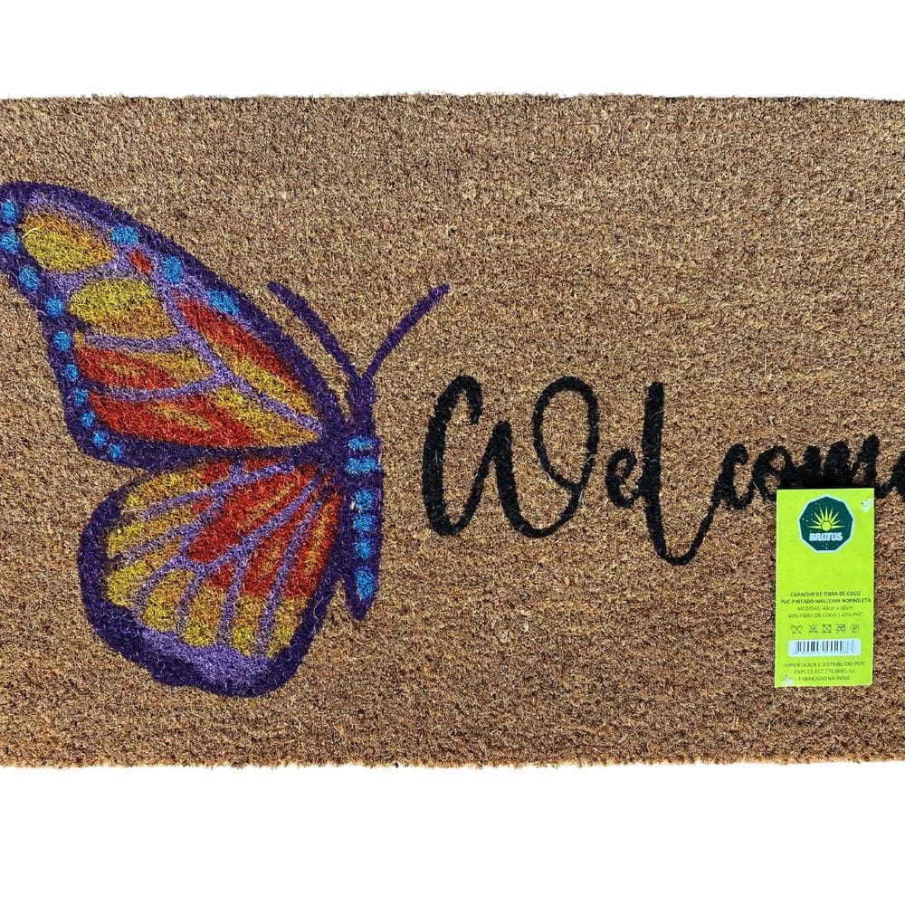 Capacho de Fibra de Coco Pvc Pintado Welcome Borboleta 40cm X 60cm Bege / Multicores