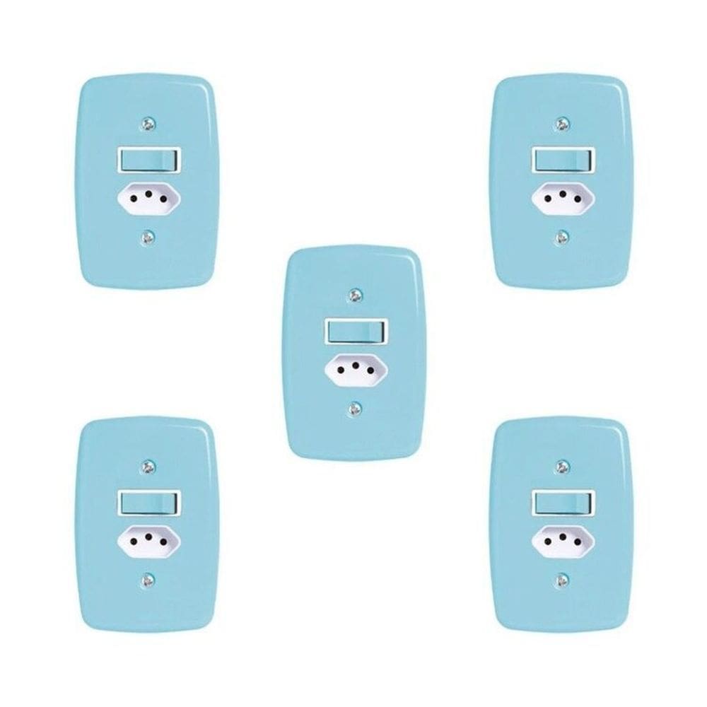 Conjunto de 5 Interruptores de 1 Tecla Simples e Tomada 2p+t 20A , com Placa 4x2 Azul