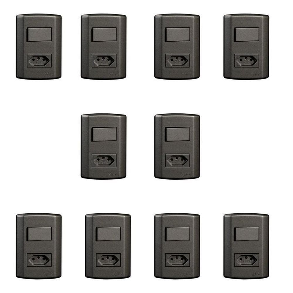 Conjunto de 10 Interruptores de 1 Tecla Simples e Tomada 2p+t 20A , Modular, com Placa 4x2 e Suporte Preto