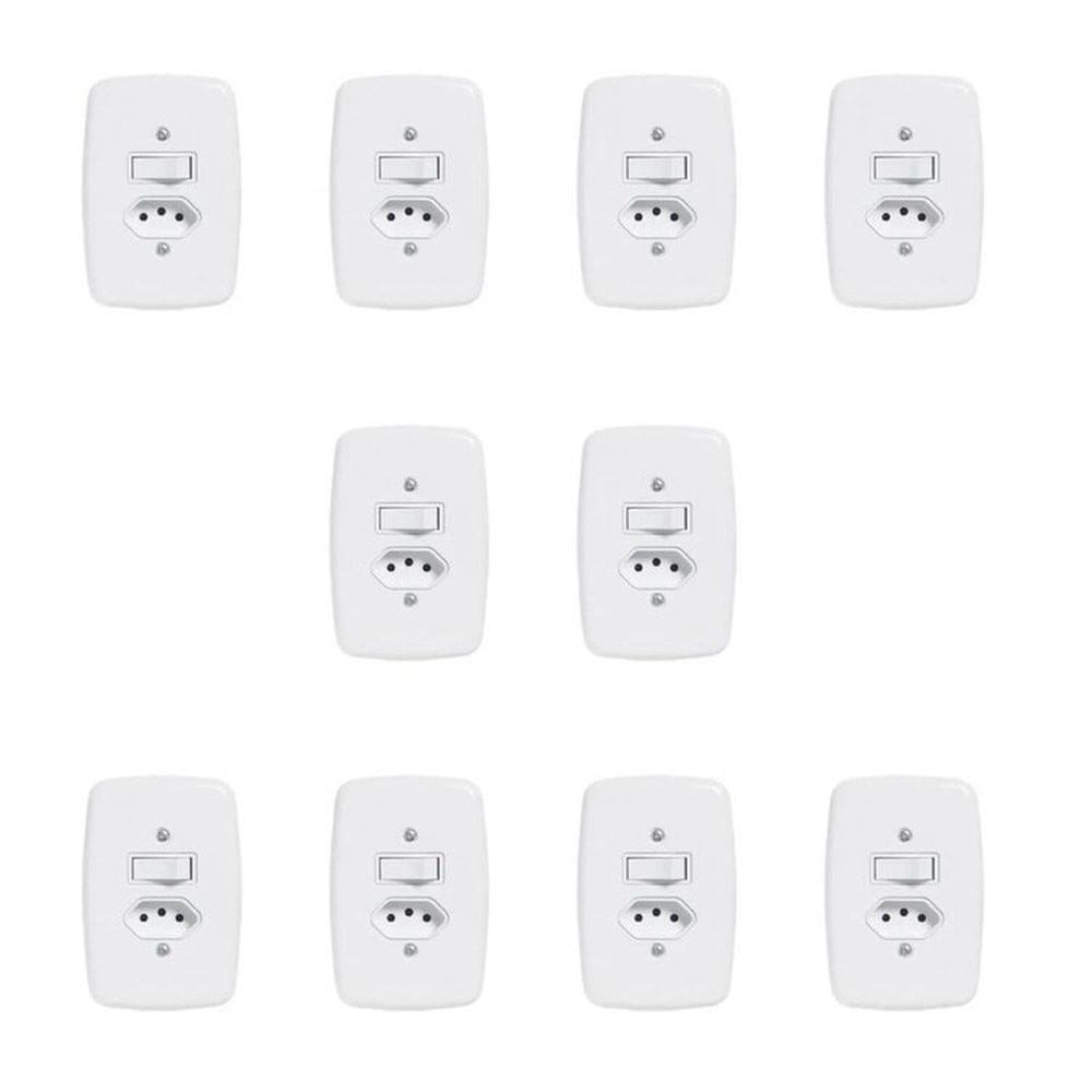 Conjunto de 10 Interruptores de 1 Tecla Simples e Tomada 2p+t 20A , com Placa 4x2 Branco
