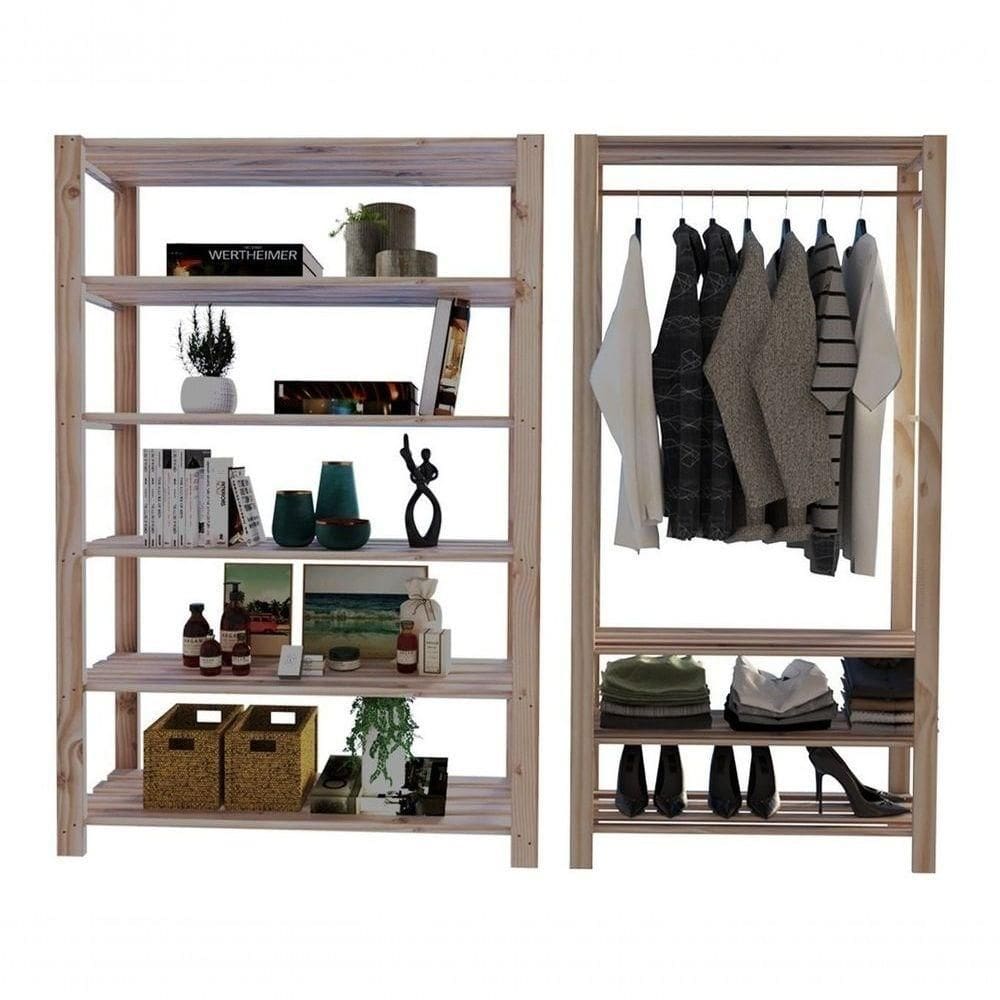 Arara Nova Reforçada E Estante 6 Planos Minimalista Conjunto Sala