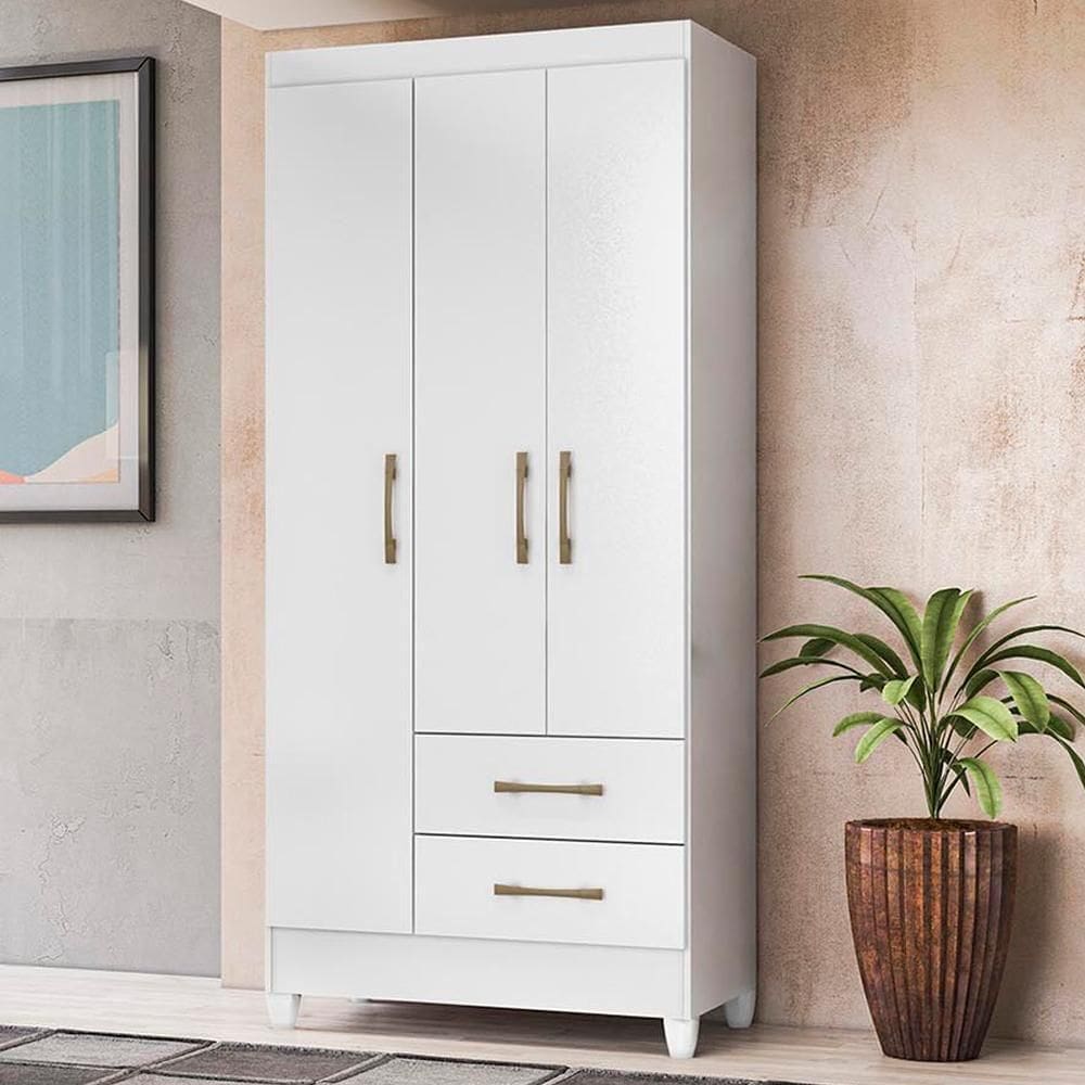 Guarda Roupa Solteiro 3 Portas 2 Gavetas Lima - Branco / Rosa Flex Branco