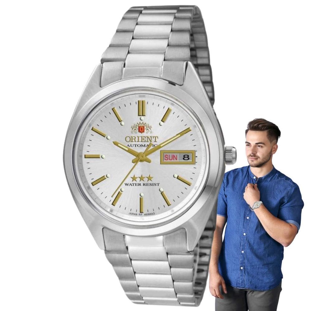 Relógio de Pulso Orient Masculino Automático Mecânico 3 Estrelas Prata Calendário Duplo Aço Inox Redondo 469WA3F B1SX