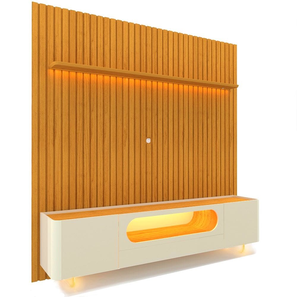 Painel Gelius Nobre e Rack nobre com LED para TV de ate 85 polegadas pês de vidro Naturale OFF White