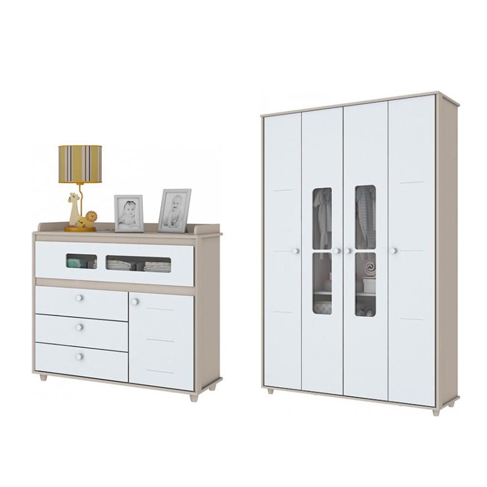 Jogo de Quarto Infantil Aquarela com Guarda Roupa e Cômoda Cristal/Branco - Henn