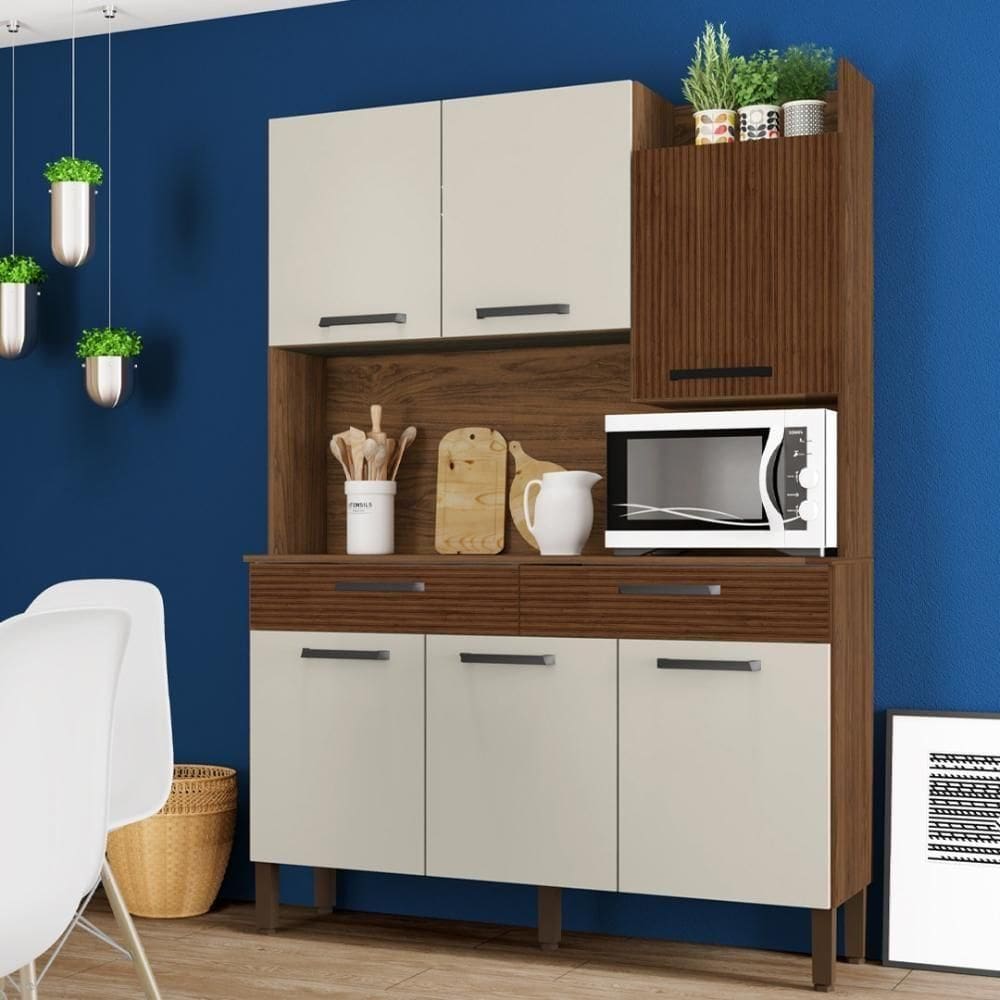 Armário De Cozinha Compacta 6 Portas 2 Gavetas Modena - Nogueira-off White-cp-ripado