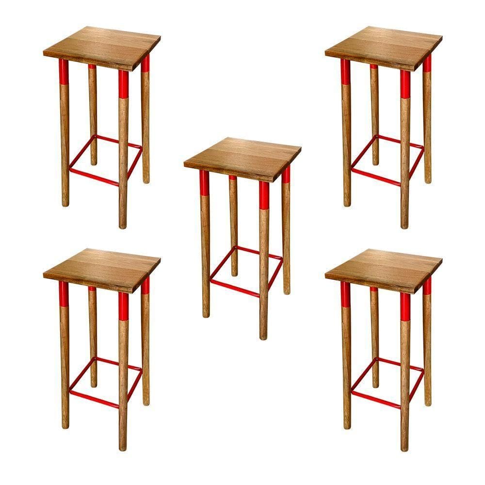 Kit 5 Banquetas Bistro Industrial Colors Ferro E Madeira Maciça - Vermelha Vermelho