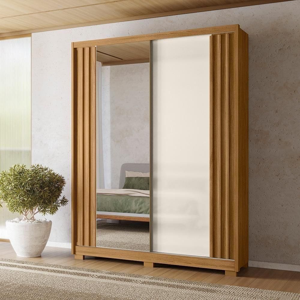 Guarda Roupa Casal 2 Portas Com Espelho Ripado 3 Gavetas Colorado - Freijó - Off White