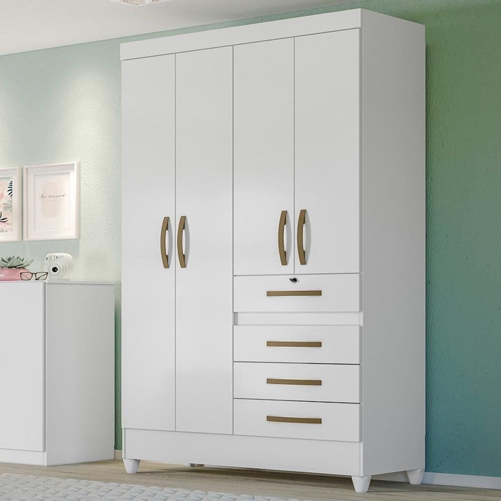 Guarda Roupa Solteiro 4 Portas 4 Gavetas Sobral - Branco / Rosa / Azul / Lilas Flex Branco