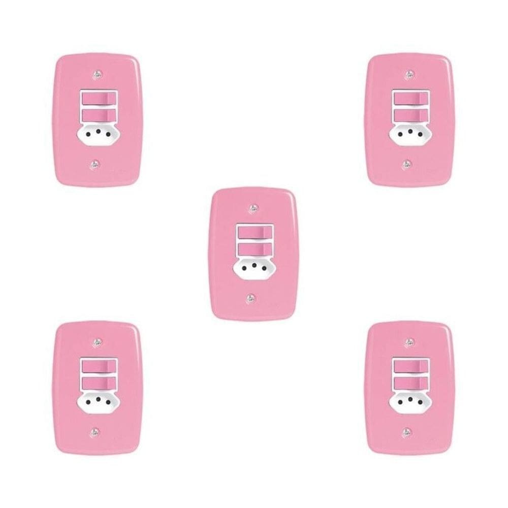 Conjunto de 5 Interruptores de 2 Teclas Simples e Tomada 2p+t 20A , com Placa 4x2 Rosa