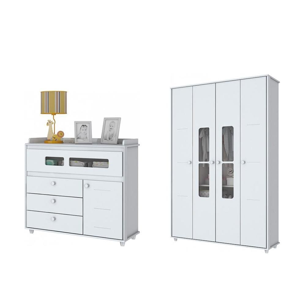 Jogo de Quarto Infantil Aquarela com Guarda Roupa e Cômoda Branco - Henn