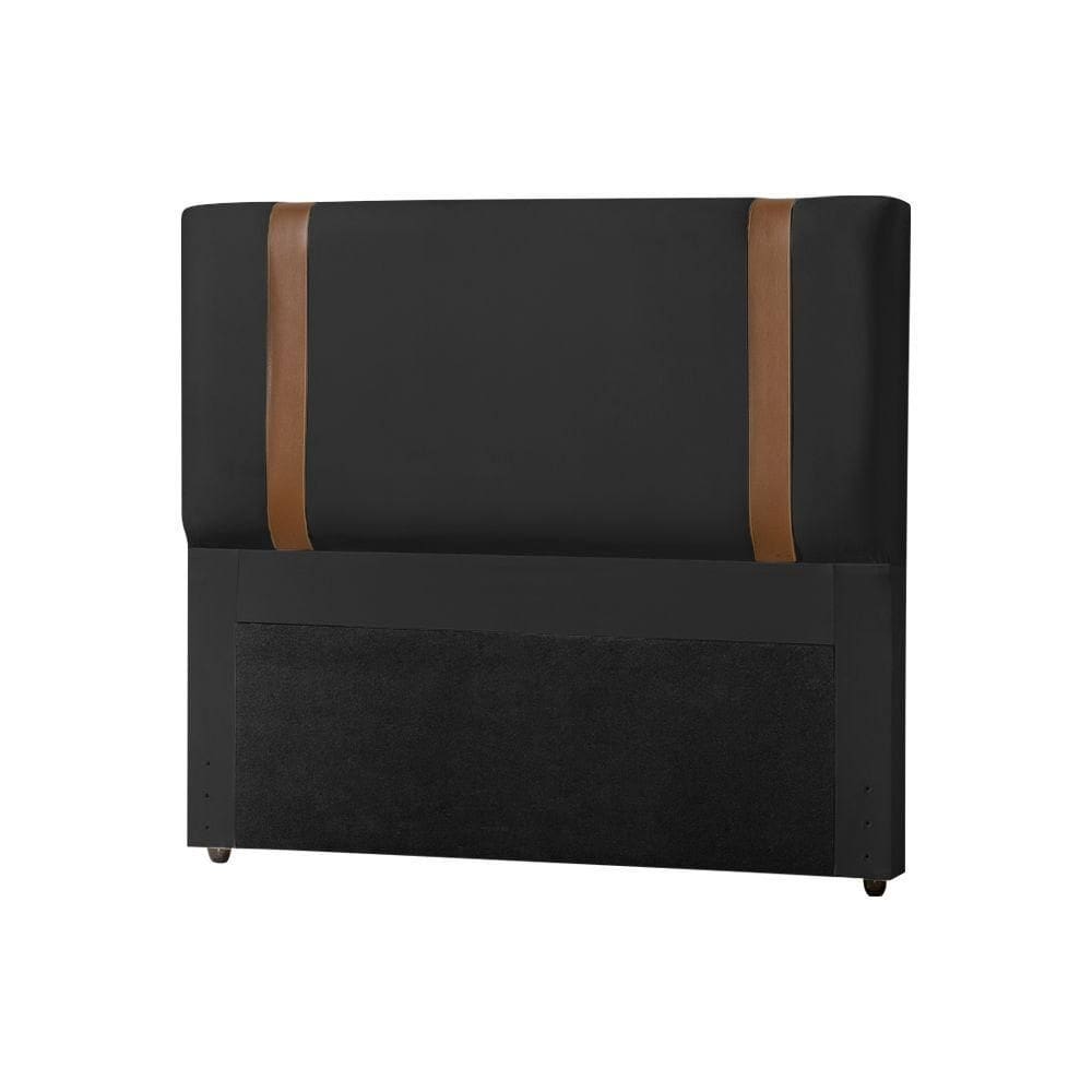 Cabeceira Casal Estofada Box Alça Em Couro Zeus 140Cm Veludo Preto - Cor: Preto