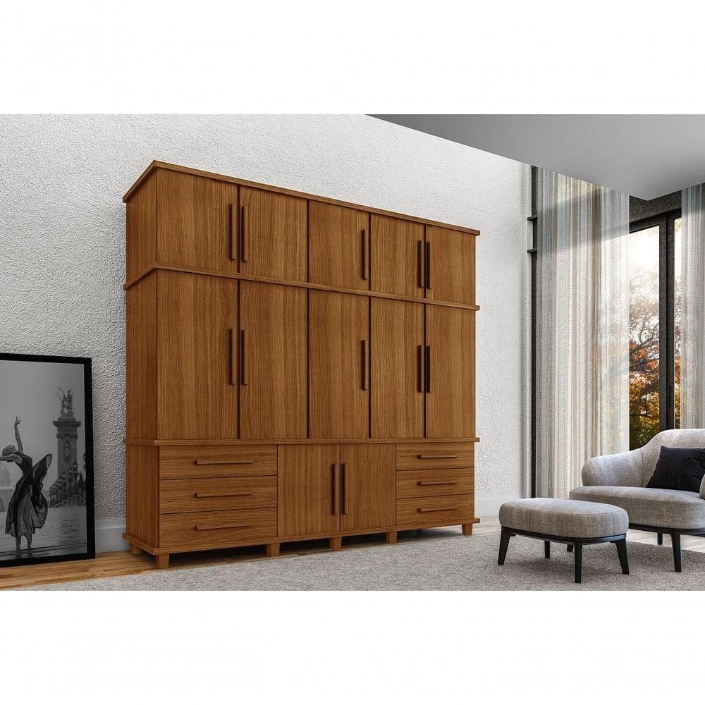 Guarda Roupa Londres Triplex Grande 5 Portas 6 Gavetas Com Maleiro Luapa Móveis Cor:carvalho