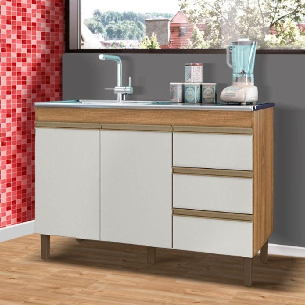Balcão De Cozinha Para Pia Karen 120cm 2 Portas E 3 Gavetas Nature E Off White - Peternella Móveis
