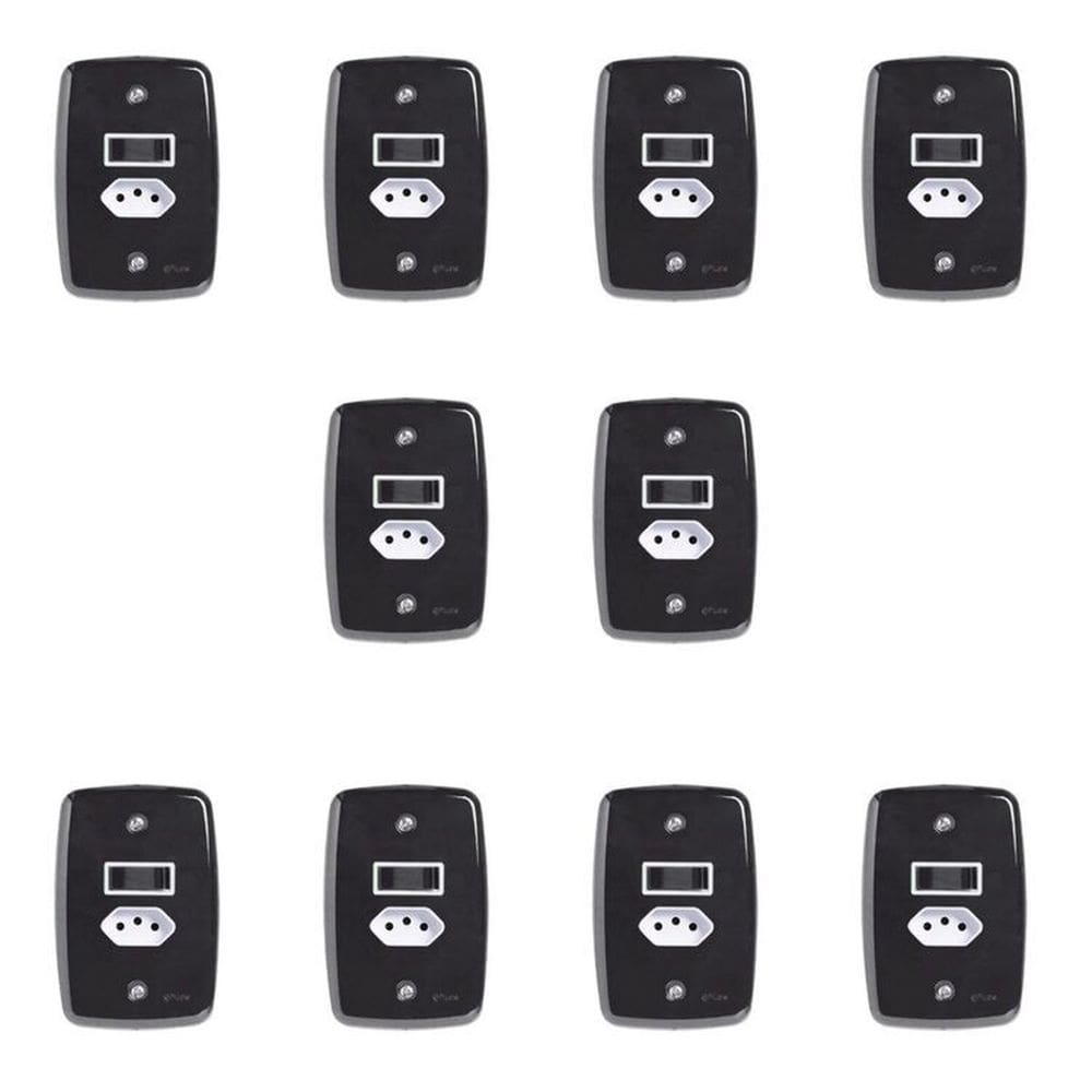 Conjunto de 10 Interruptores de 1 Tecla Simples e Tomada 2p+t 20A , com Placa 4x2 Preto