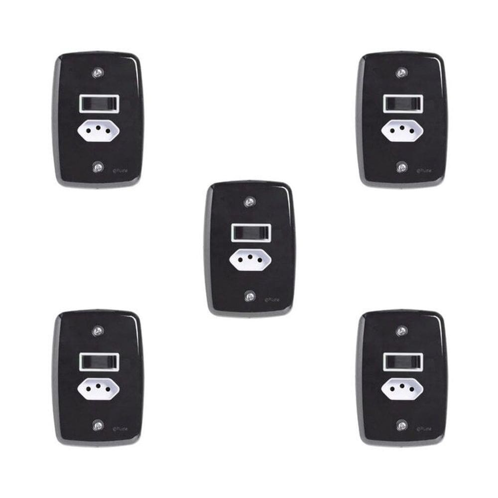 Conjunto de 5 Interruptores de 1 Tecla Simples e Tomada 2p+t 20A , com Placa 4x2 Preto