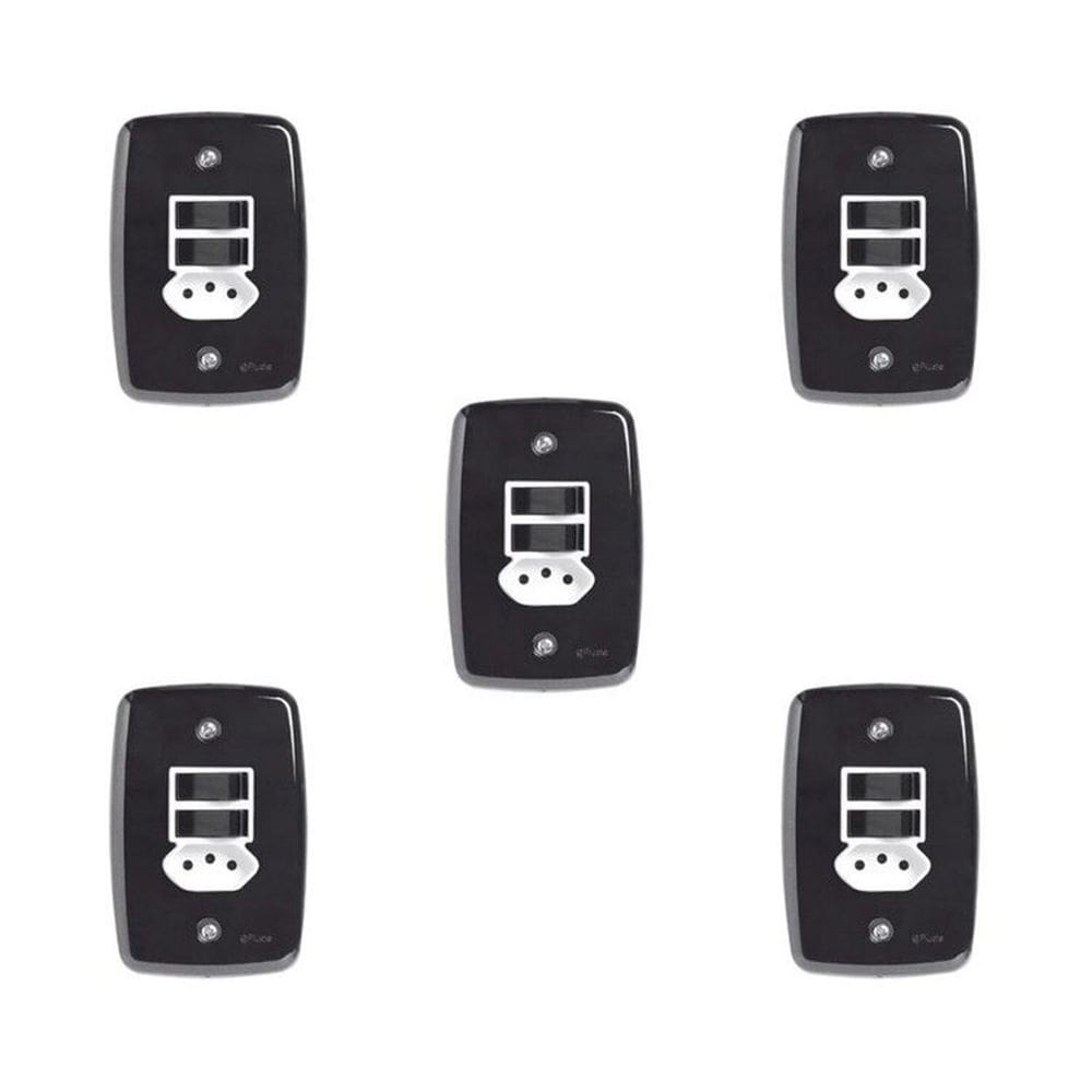 Conjunto de 5 Interruptores de 2 Teclas Simples e Tomada 2p+t 20A , com Placa 4x2 Preto