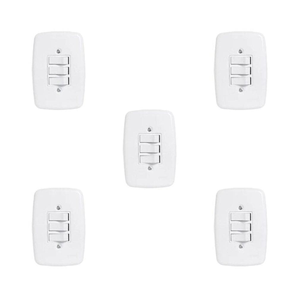 Conjunto de 5 Interruptores de 3 Teclas Simples com Placa 4x2 Branco