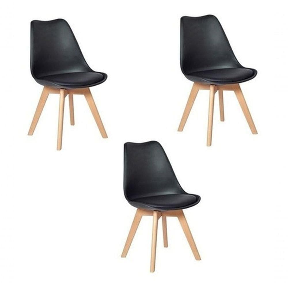 Kit 3 Cadeiras Leda Eames Saarinen Wood Com Almofada Preta