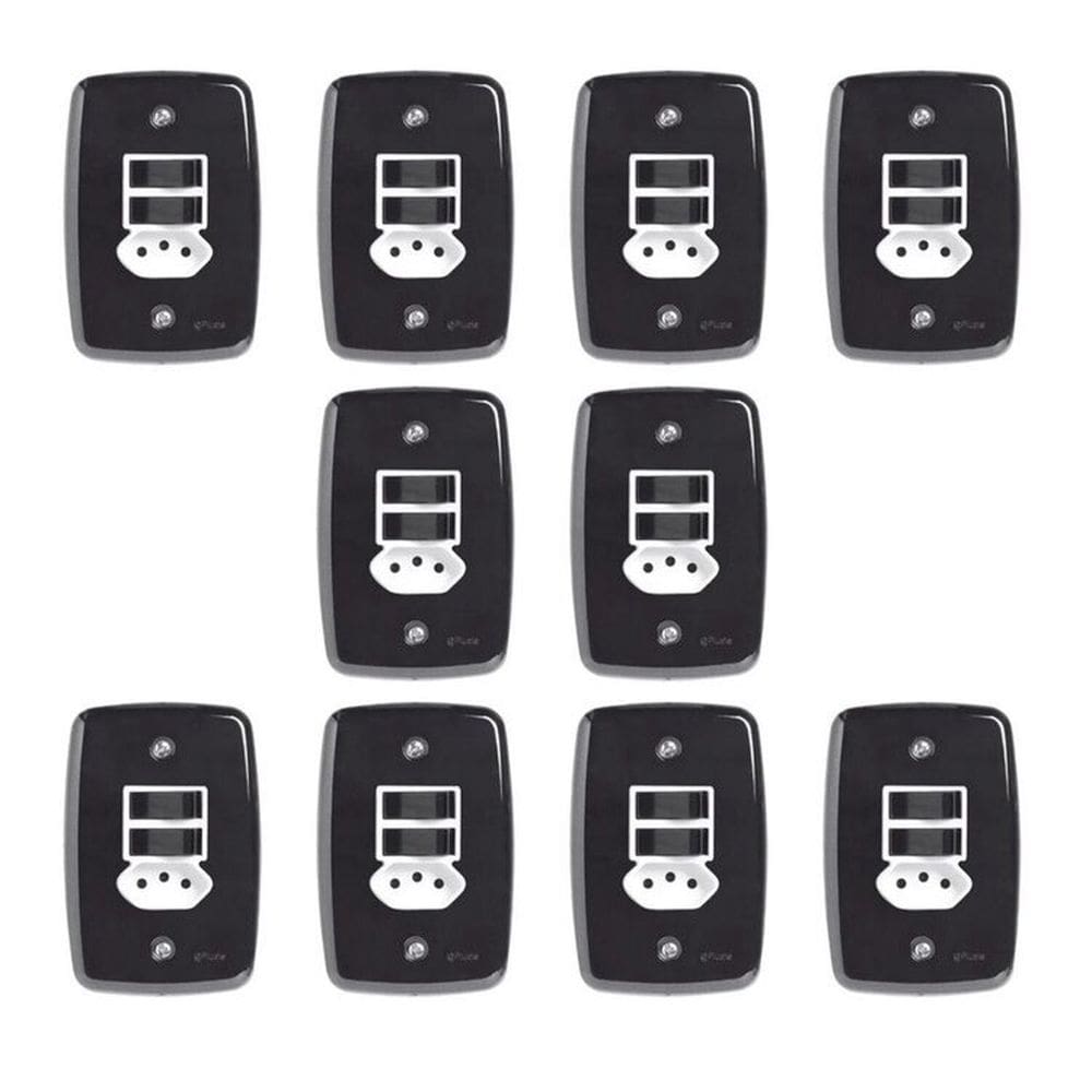 Conjunto de 10 Interruptores de 2 Teclas Simples e Tomada 2p+t 20A , com Placa 4x2 Preto