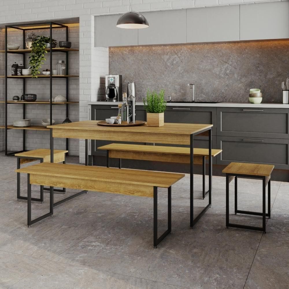 Mesa De Jantar Tub C-02 Bancos E 02 Banquetas Lâmina Mel - Est.preta Lâmina Mel - Est.preta