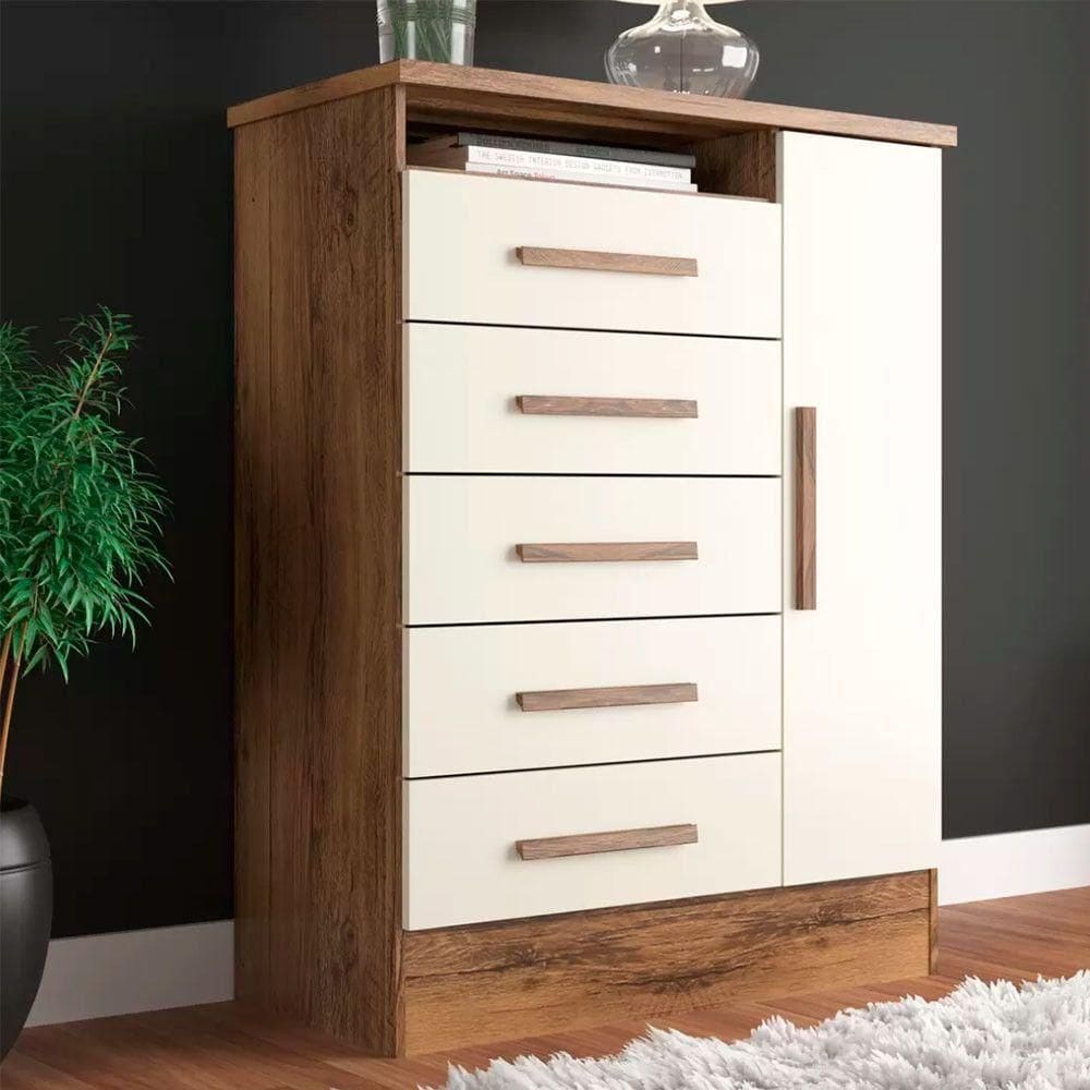 Cômoda Aurora 5 Gavetas E 1 Porta De Abrir Em Mdp E Mdf Rodial Nature/off White
