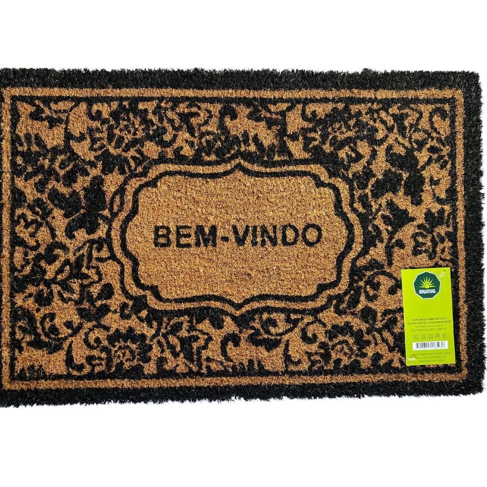 Capacho Fibra Coco Pvc Pintado Welcome Flores Preto 40cm X 60cm Bege/Preto