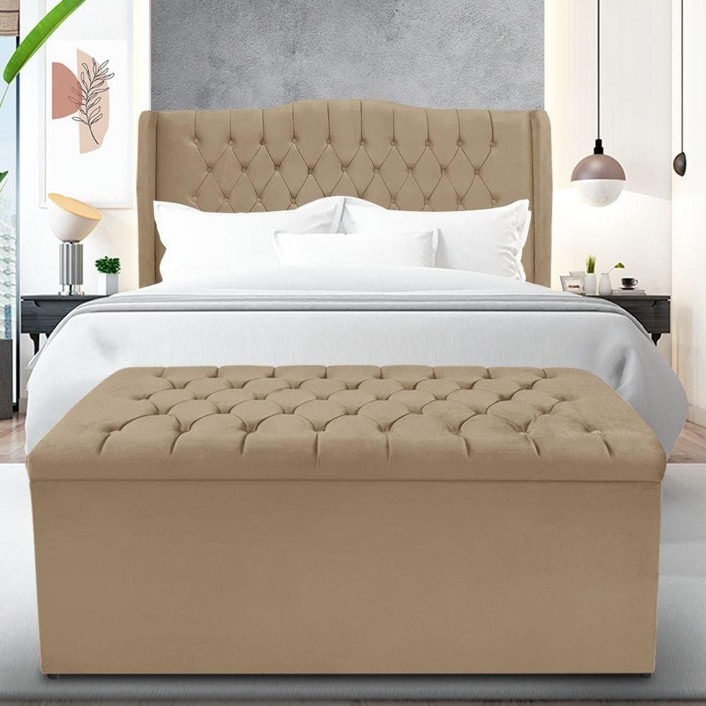 Kit Cabeceira E Calçadeira Baú Dubai Casal 140 Cm - Veludo Bege Escuro