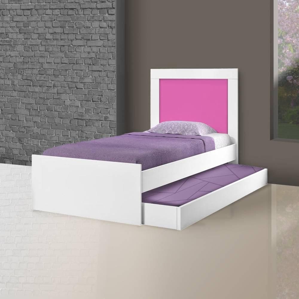 Cama com Auxiliar e Cabeceira Luara Cambel Branca e Rosa