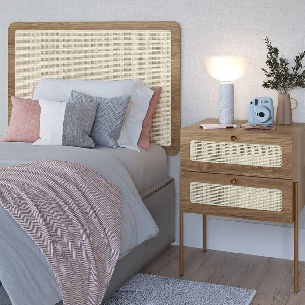 Conjunto Cabeceira Solteiro 90cm e Mesa de Cabeceira 2 Gavetas Pé Metal Palhinha Oslo Hanover/Dourado
