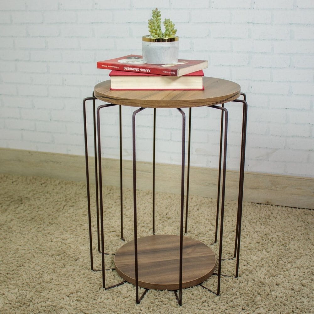 Conjunto com 02 Mesas Redonda Estilo Industria Aço Corten/Castanho