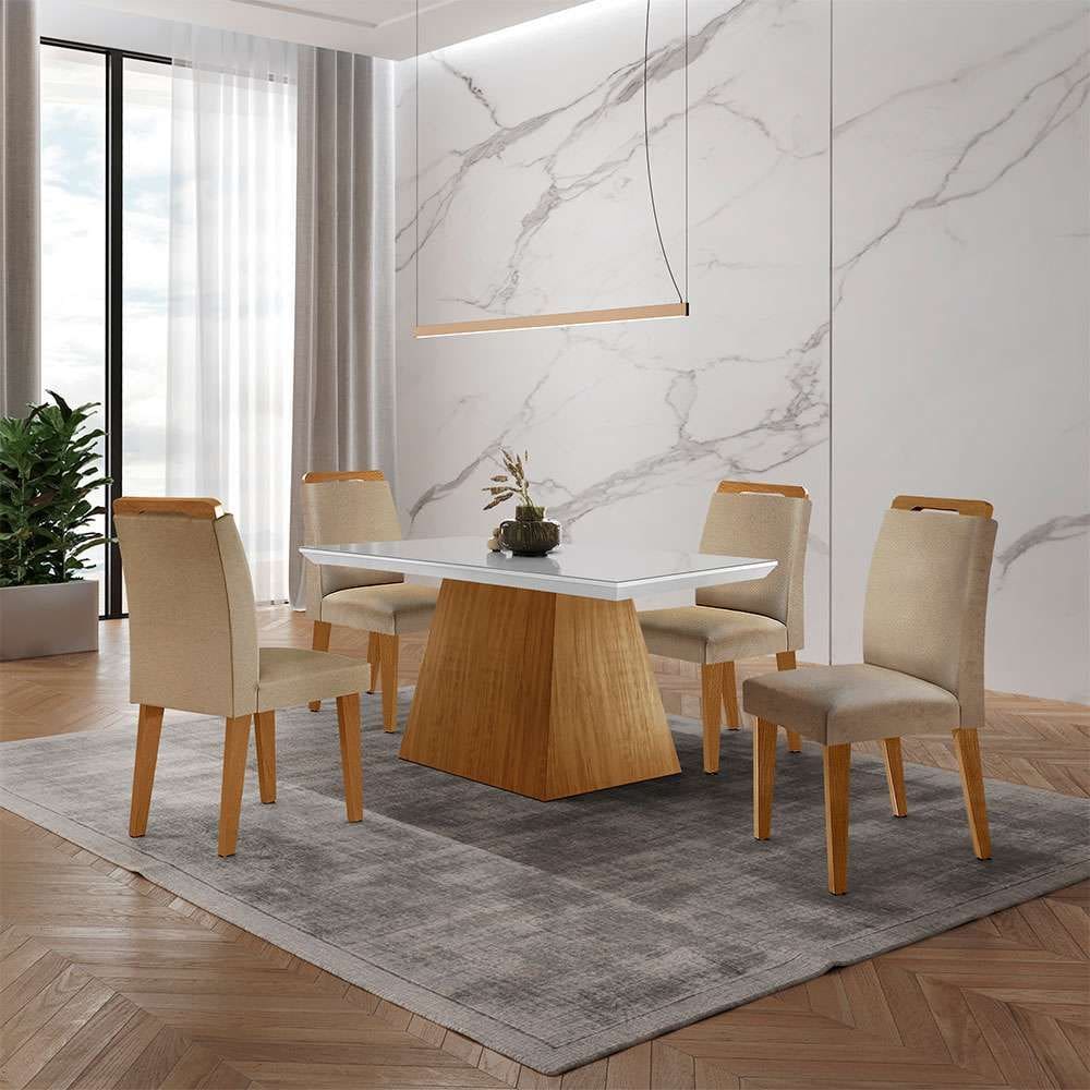 conjunto de mesa de jantar retangular com tampo de vidro off white luna e 4 cadeiras athenas linho bege e imbuia