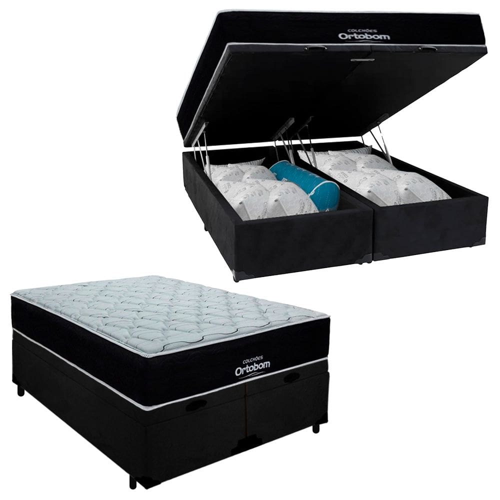 Cama Box Baú Queen Suede Bipartido + Colchão Airtech Molas Ensacadas Antares Ortobom 158x198x71 Preto