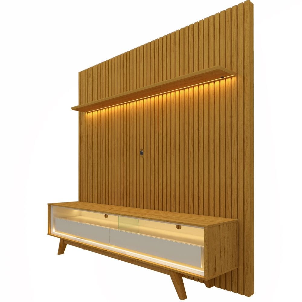 Painel Gelius Nobre com ripas autênticas e Rack requinte com LED largura 185 cm para TV de 75 polegadas Naturale/OFF White