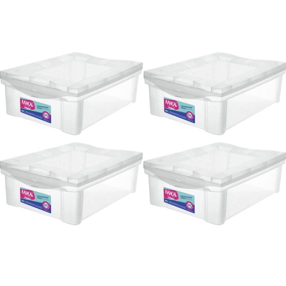 Kit 4 Caixas Organizadoras Plásticas com Tampa Empilhável 13,5L Transparente Ordene Radical Color