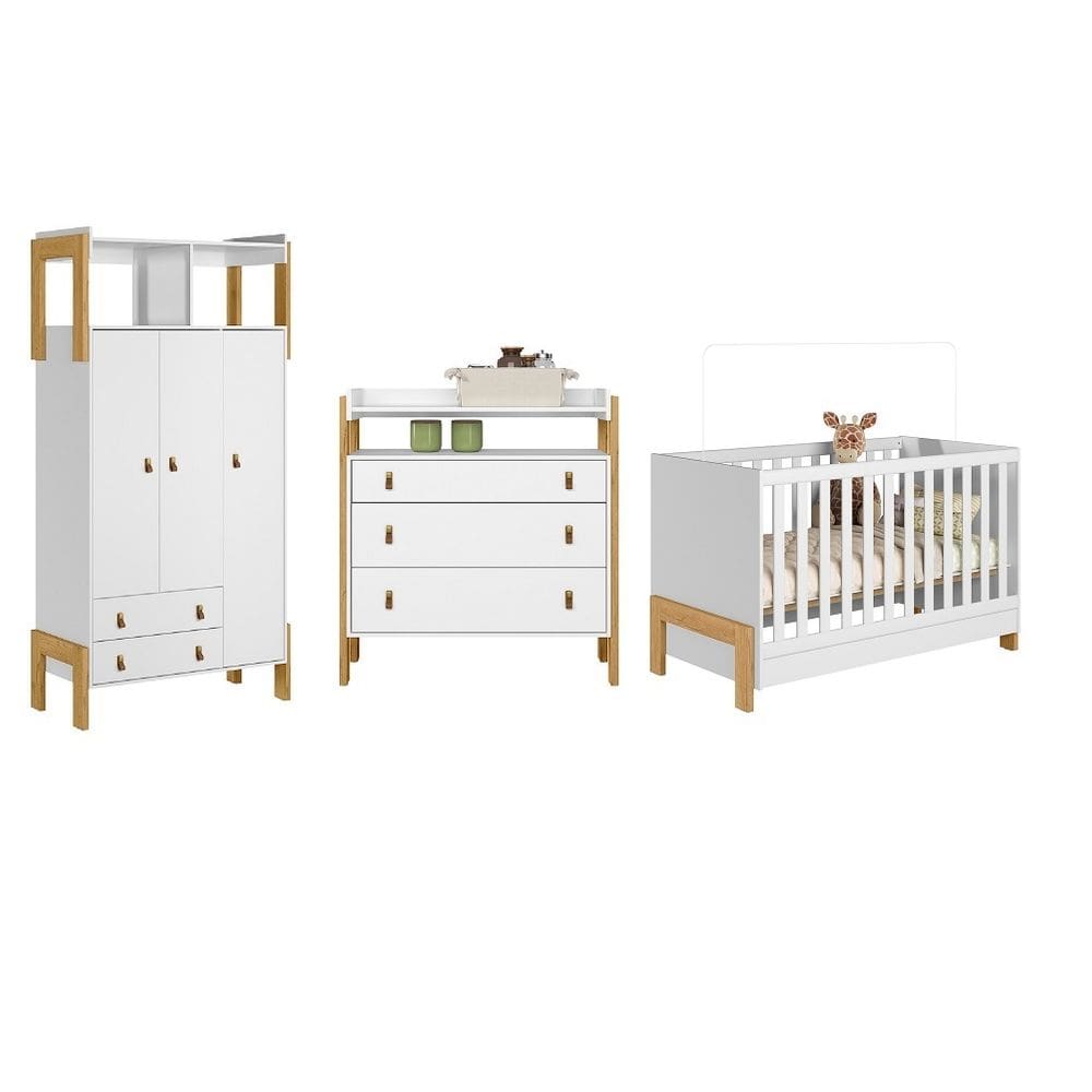 Quarto de Bebê Completo Berço Cômoda e Guarda Roupa Fantasia Branco Qmovi