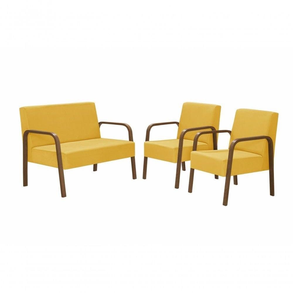 Conjunto Poltrona Luna Braço Madeira D Salla Suede Amarelo