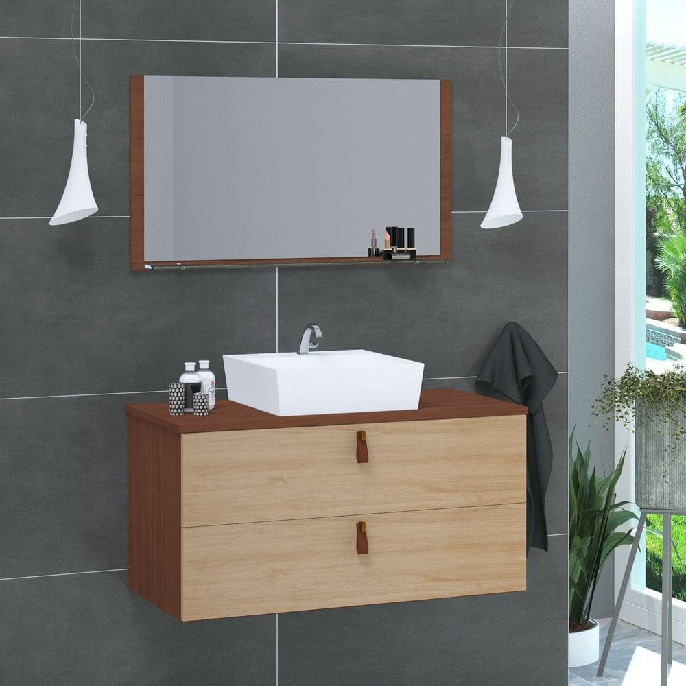 Conjunto Gabinete de Banheiro Berlim 80 Cm Marrom Freijo