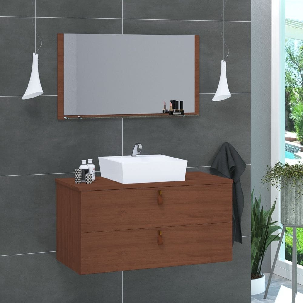 Conjunto Gabinete de Banheiro Berlim 60 Cm Marrom